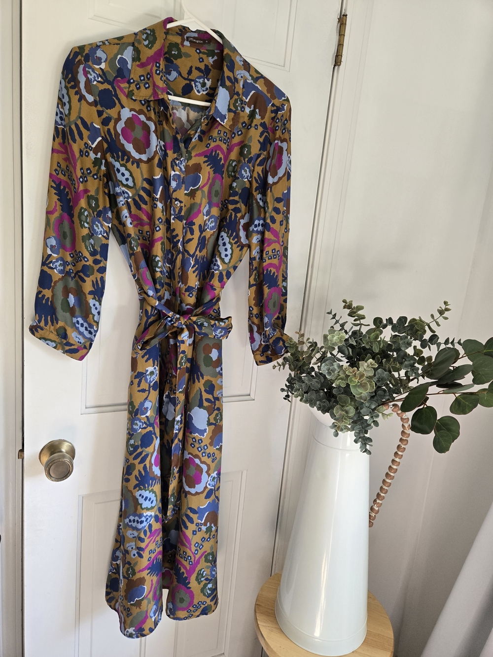 J. McLaughlin Mustard Floral Tie-Waist Midi Shirt Dress